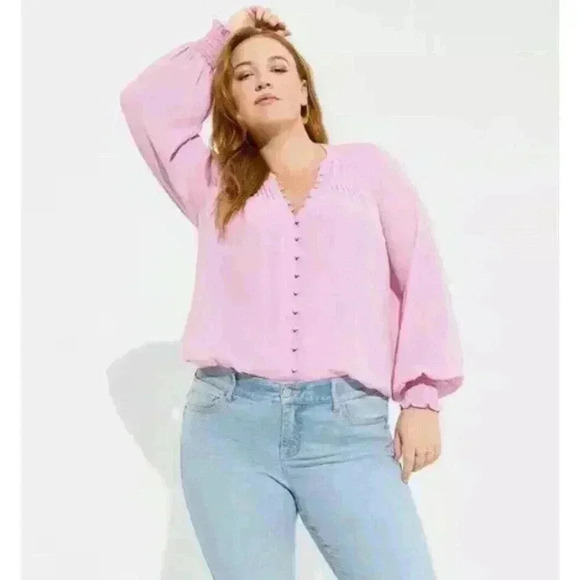 NEW Torrid Women’s 1X Blouse Georgette Smocked Blouson Long Sleeve Tunic Top NWT - Picture 1 of 12